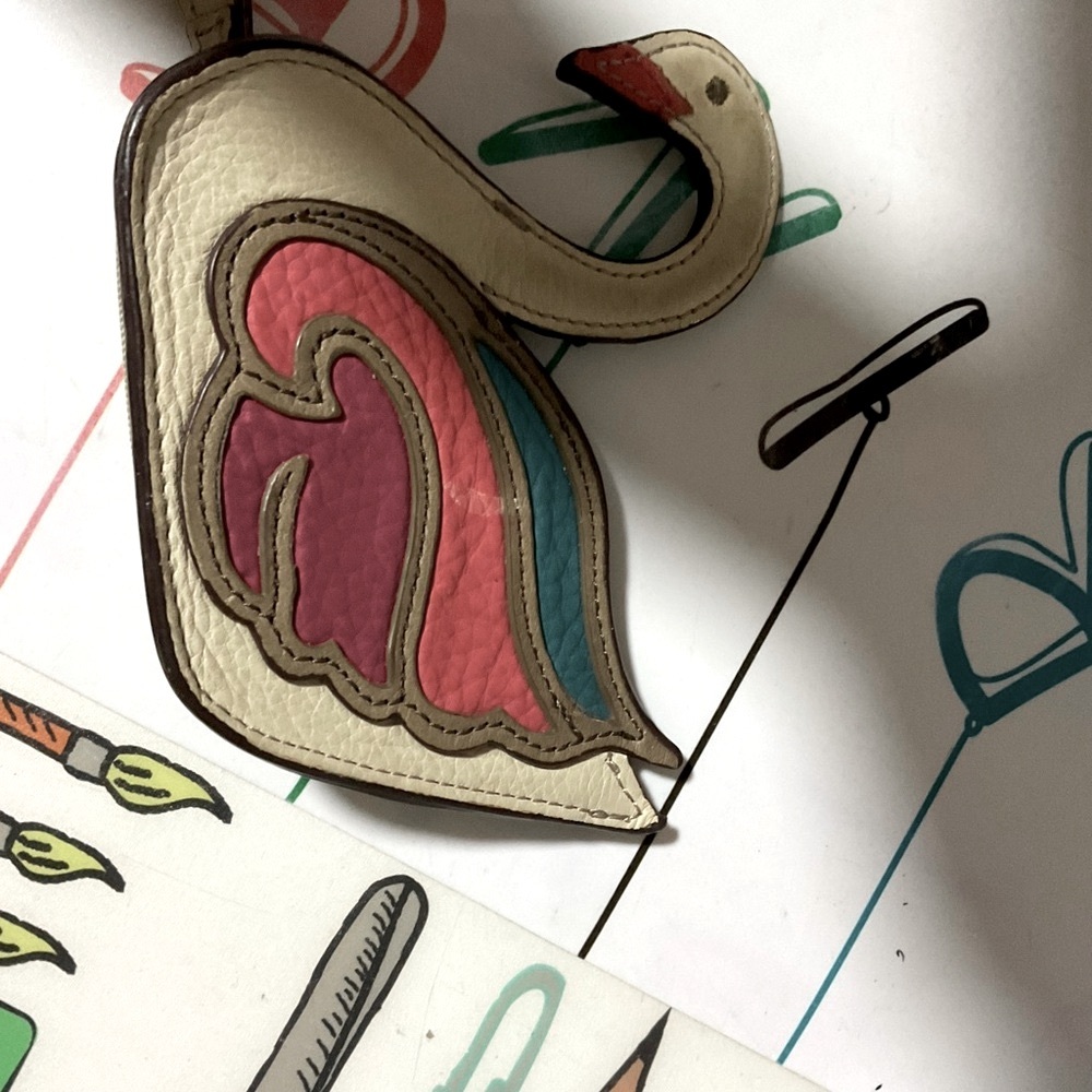 Leather Swan Keychain Charm in Cream with Pink & Teal Accents